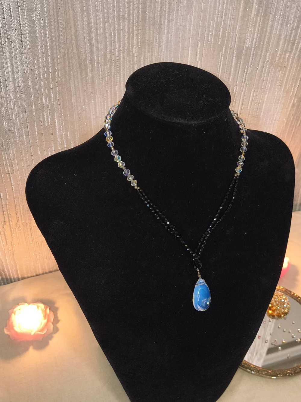 925 Sterling Silver Black Beaded Crystal Blue Teardrop Statement Necklace